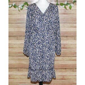 Davi And Dani Ladies Blue Floral Dress Size L Elastic Waist Pockets V-Neck Ruffl